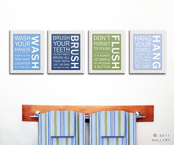 Kids bathroom decor. Bathroom art, bathroom prints, Bathroom rules, brush your teeth. Wash floss brush flush. 4-11x14 prints by WallFry