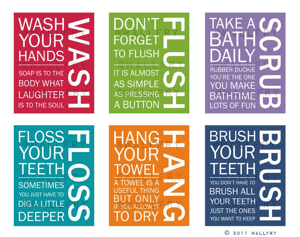 Bathroom art prints. Bathroom Rules. Kids bathroom wall quotes. Wash Brush Floss Flush. Typography. Set of 4 8x10 prints by WallFry