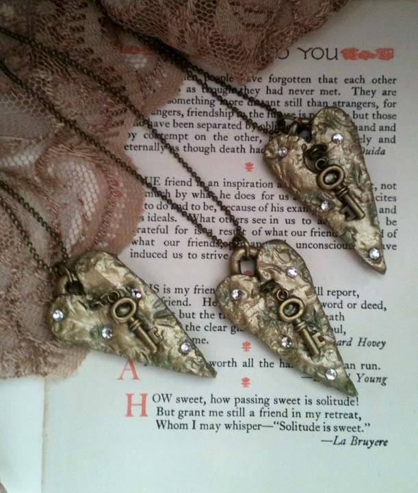 Boho Shabby Chic Bridesmaid Heart Key Charm Rhinestone Necklaces - Set of Three