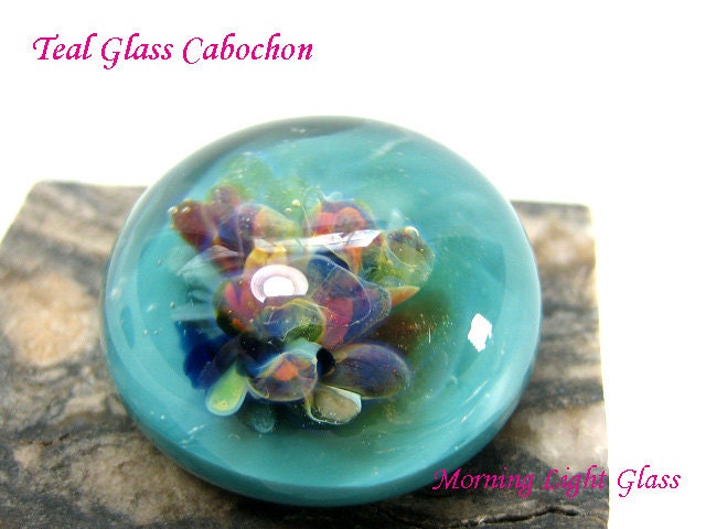 Teal Glass Cabochon with pink frit implosion, SRA, cs100, Bead Supply
