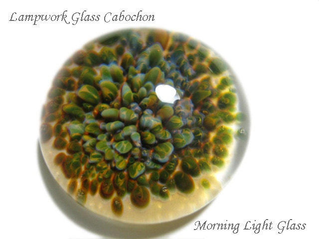 Green-Gold Frit Implosion Glass Cabochon, Focal Bead, Round, Handmade, SRA, CL63