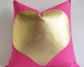 Sukan / Gold Heart Pink Pillow Cover - Pink Pillows - Heart Linen Cushion Cover - Decorative Pillow - Accent Pillow - Heart Pillows 18x18