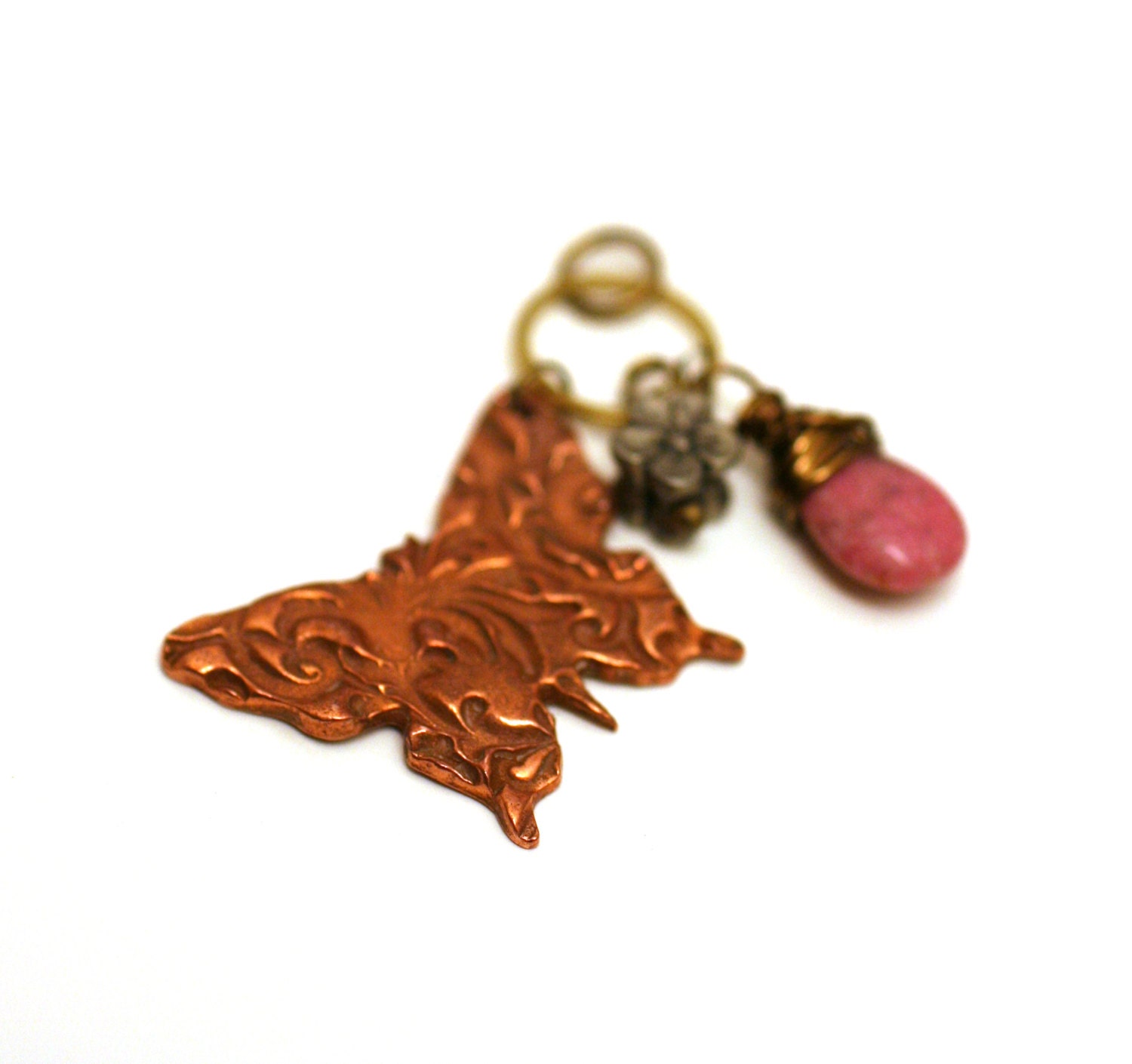 Copper Filigree Butterfly Charm with Pink Teardrop and Flower