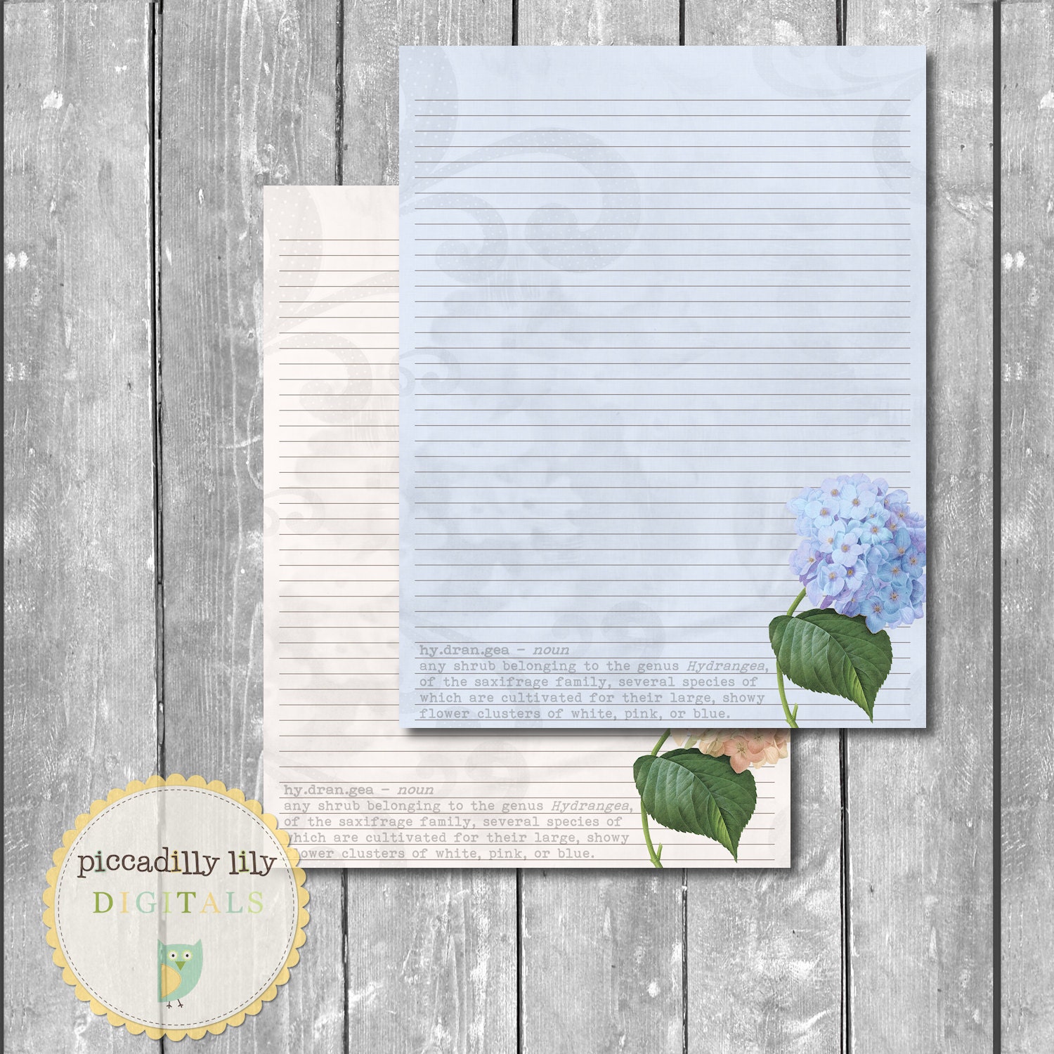Instant Download -- Hydrangea Digital Printable Notebook Journal Stationery Lined Paper Set 8.5x11 -- Self-Print