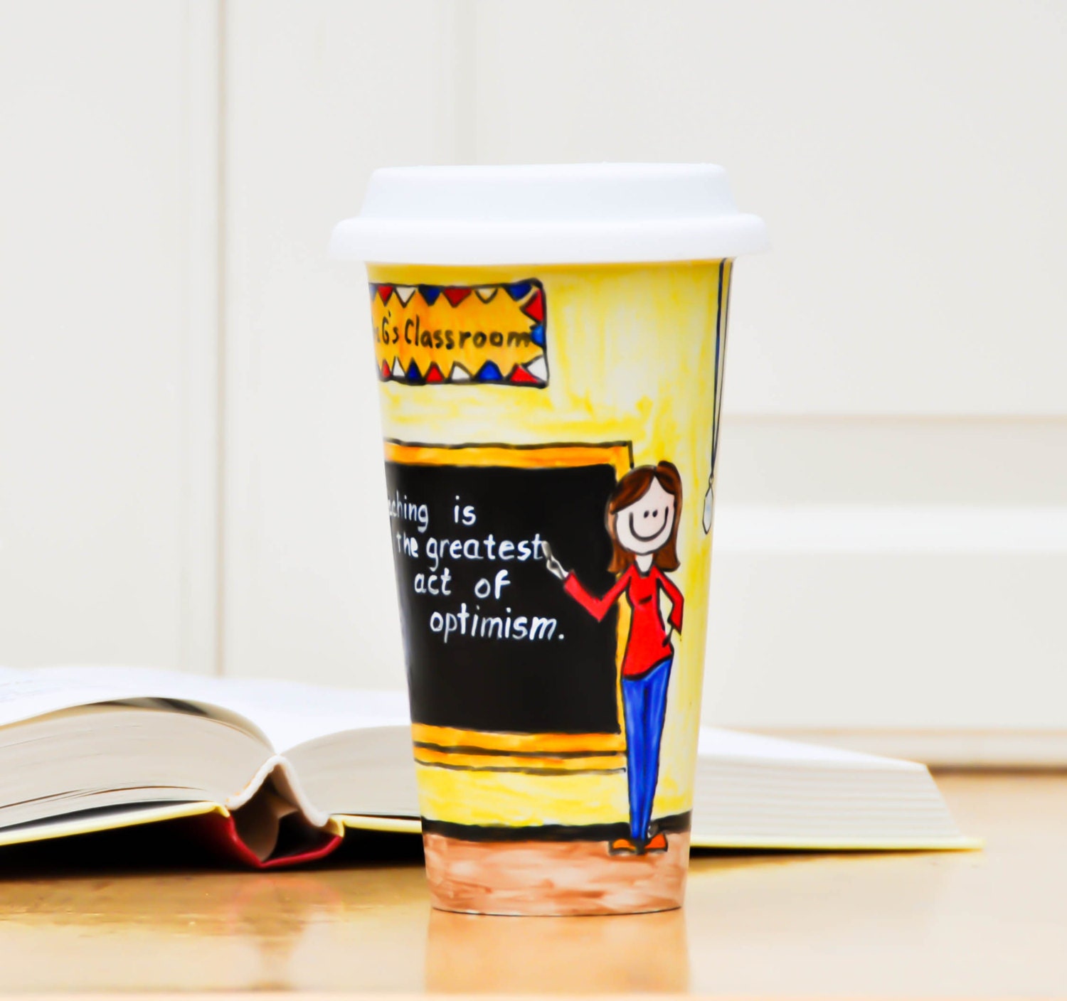 Teacher Gift Custom Travel Mug - Personalized Teacher Appreciation Tumbler - Ceramic To Go Mug with Lid - School Gift Eco Cup