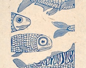 linocut print, With the tide, fish in blue on handmade Nepalese textured paper