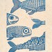 linocut print, With the tide, fish in blue on handmade Nepalese textured paper