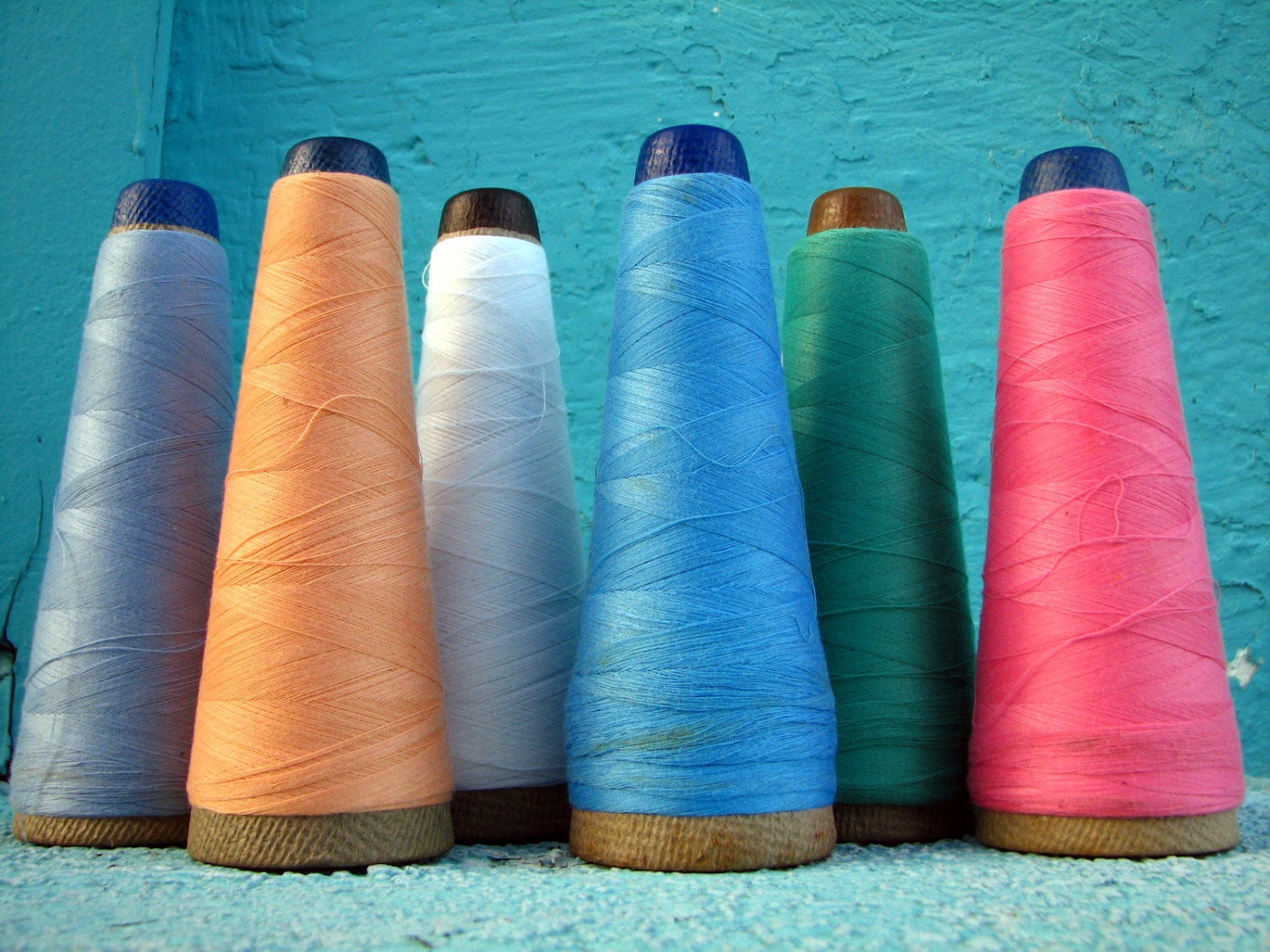 six vintage thread cones in lovely springtime hues -- industrial salvage