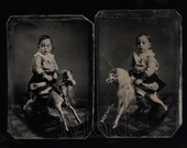 Antique Tintype Photos Cute Little Boy Toy Folk Art Carved Rocking / Hobby Horse