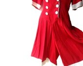 Vintage 70s Nautical Dress. Lipstick Red White. Double breasted. 1940s style. split skirt dress. culotte style.