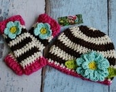 Baby Girl Hat and Leg Warmer Set Ready to Ship, Chocolate and Cream Stripes, photo prop, Handmade crochet hat, legwarmers, newborn