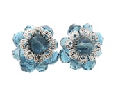Blue Clip On Cluster Earrings with Faceted Plastic Translucent Beads and Silver Tone Filigree Centers - Vintage Jewelry Gift for Her