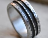 mens wedding band - rustic oxidized fine silver and sterling silver ring - handmade artisan designed wedding band - rope - customized
