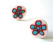 Flower post earrings-Red- turquoise- stud polymer clay -handmade millefiori- under 25