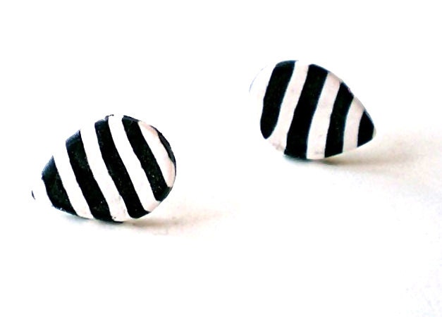 Stripe post earrings-Black and white -geometric- minimal - drop stud polymer clay-everyday jewelry- under 25