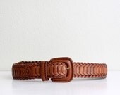 Unisex Leather Belt . Caramel Leather Woven Interlock . Gift for Him Her . Vintage 1970s Western Boho