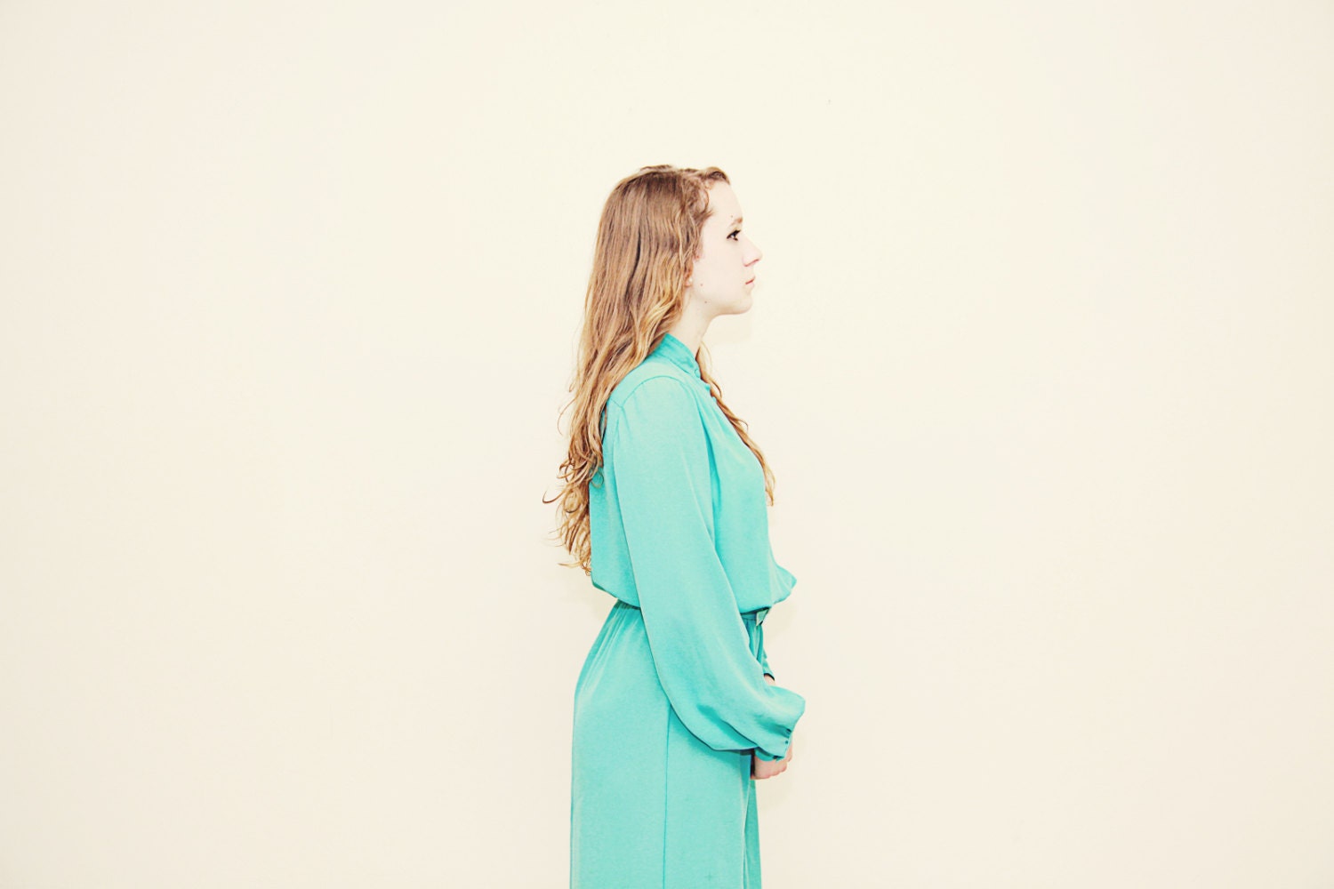 Turquoise Collar Dress . Women's Vintage 1970s . Secretary Rockabilly . Blue Medium Large