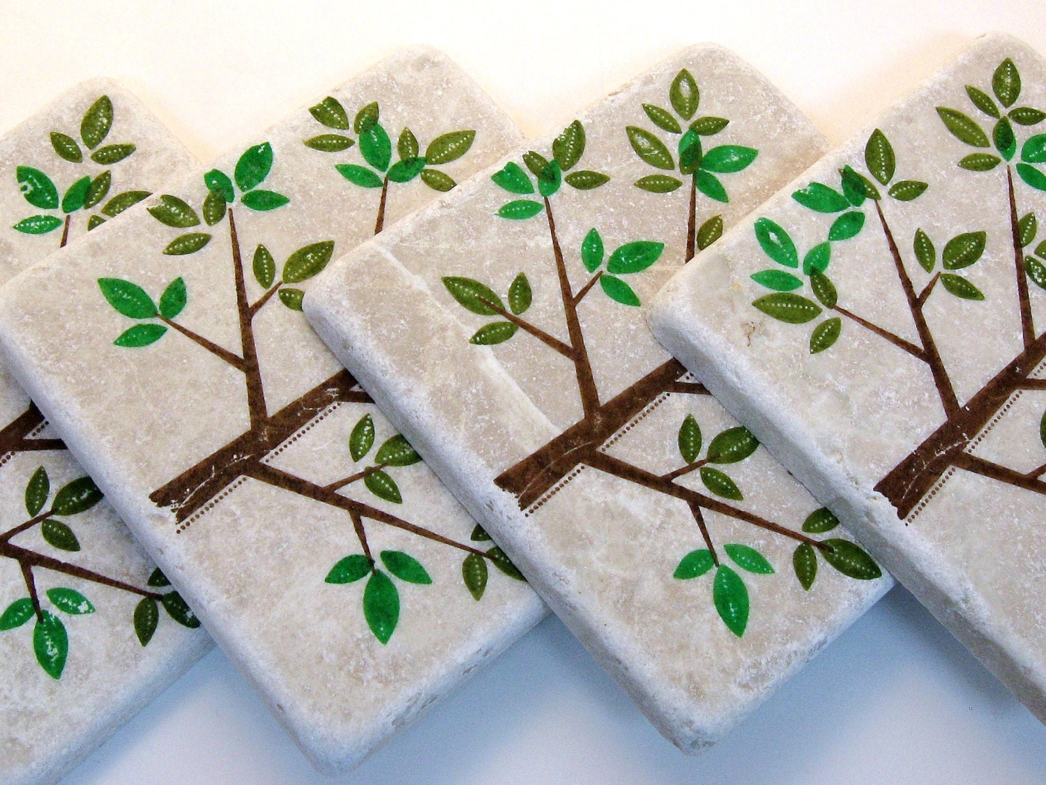 Green Tree Coasters, Stamped Tile Coasters, Green Leaves Tree