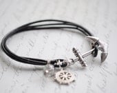 Anchor Bracelet No.19- The Dark Sailor- black leather cord, silver anchor clasp, wheel charm, swarovski crystal