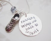 Running brings me back to myself silver hand stamped disc with czech crystal and running shoes charm