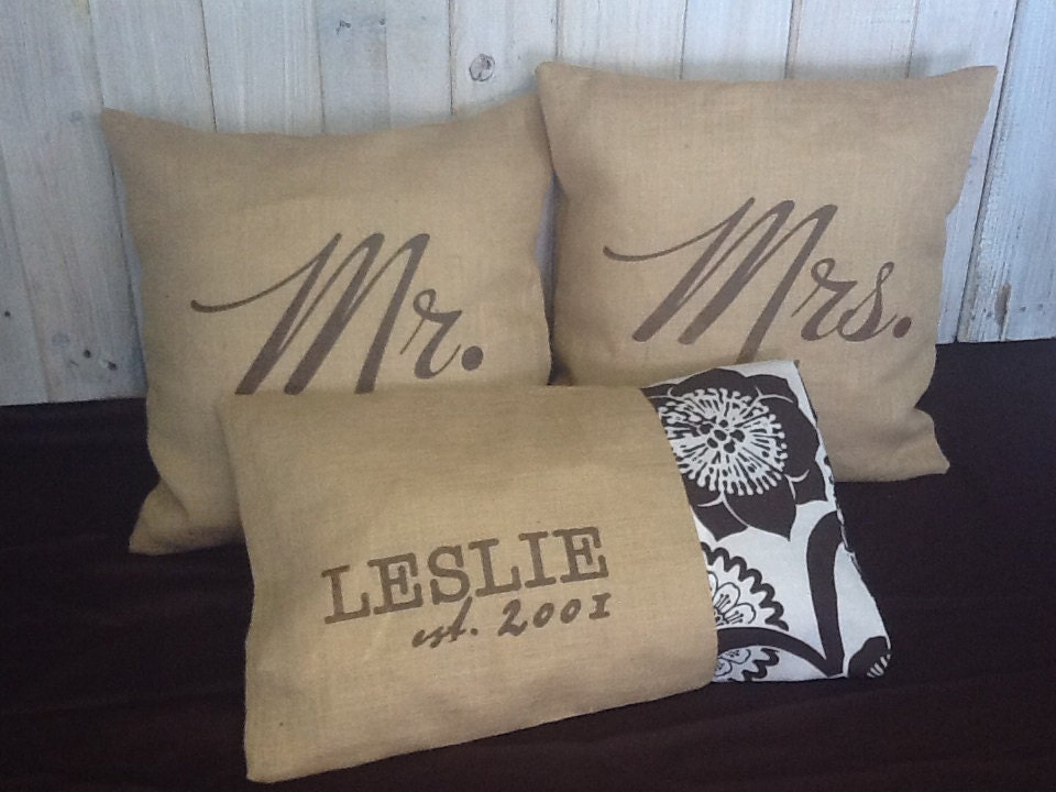 Wedding Gift Set 1 Personalized Name Pillow with Mr. & Mrs. Pillows with INSERTS, Handmade from a Recycled Coffee Sack