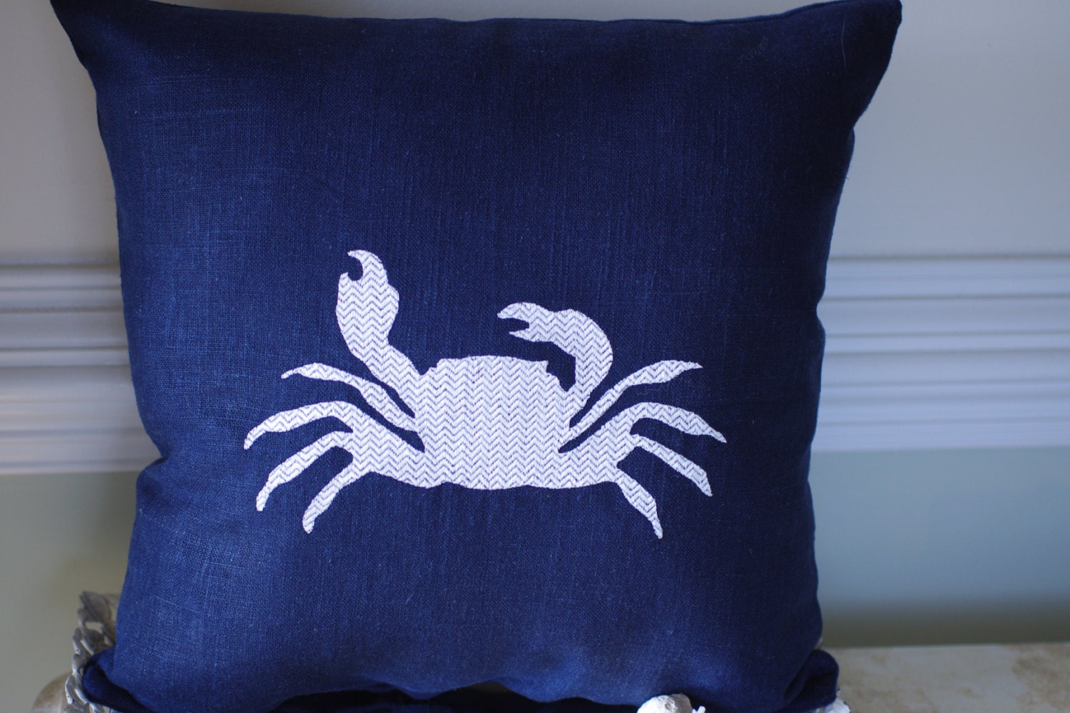 Navy Blue Linen and White Embroidered Crab Pillow - 16x16 - Beach Decor