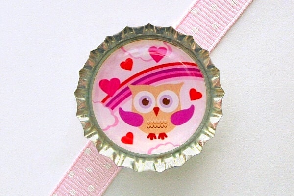 Owl Pink Rainbow Love Bottle Cap Magnet - owl decor, owl decoration, owl magnet, owl gifts, owl party favor, owl birthday party favor, theme