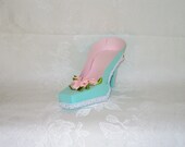 Light Turquoise and PInk Sqare Toe High Heel Shoe Paper Shoe Art Original Design