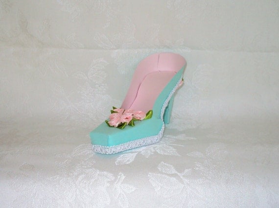 Light Turquoise and PInk Sqare Toe High Heel Shoe Paper Shoe Art Original Design