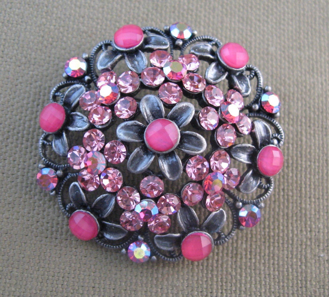 Hot Pink Clustered Rhinestone Flower Brooch