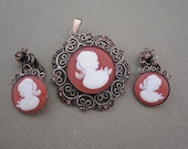 Vintage Cameo Brooch or Pendant and Earrings Set
