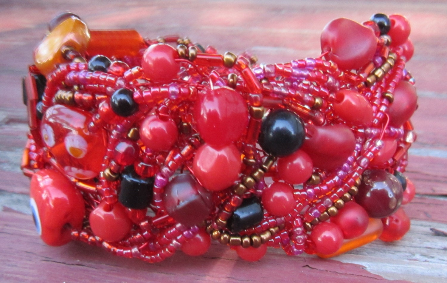 Red and Black Wire Crochet / Bead Embroidered Bracelet