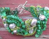 Green and Silver Wire Crochet / Bead Embroidered Bracelet