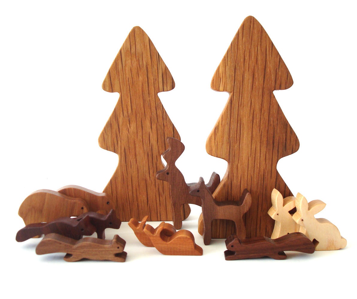 14 Piece Wooden Woodland Play Set Waldorf  Miniature Forest Animals Hand Cut Scroll Saw