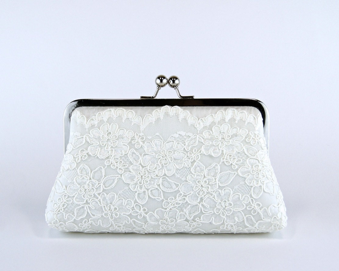 EllenVintage Alencon Lace Silk Scalloped Clutch in Ivory, Wedding clutch, Wedding bag, Bridal clutch, Purse for wedding