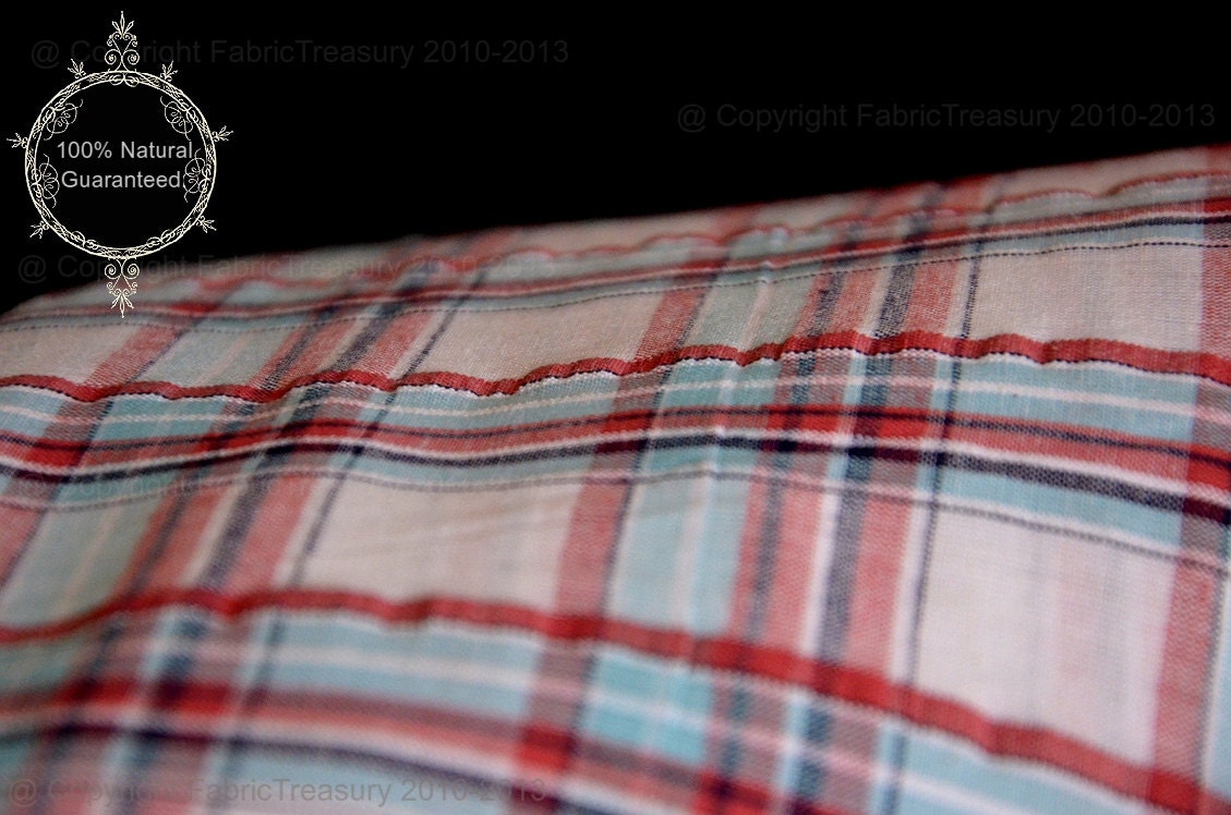 Seersucker fabric. 100% cotton in a cool madras plaid design. Summer PERFECT. Back to School.