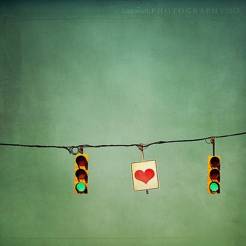 Sky Photograph - Street Lights - Vintage Inspired - Green Go - Heart Love - Home Decor - Fine Art Photograph - "Ready For Love"