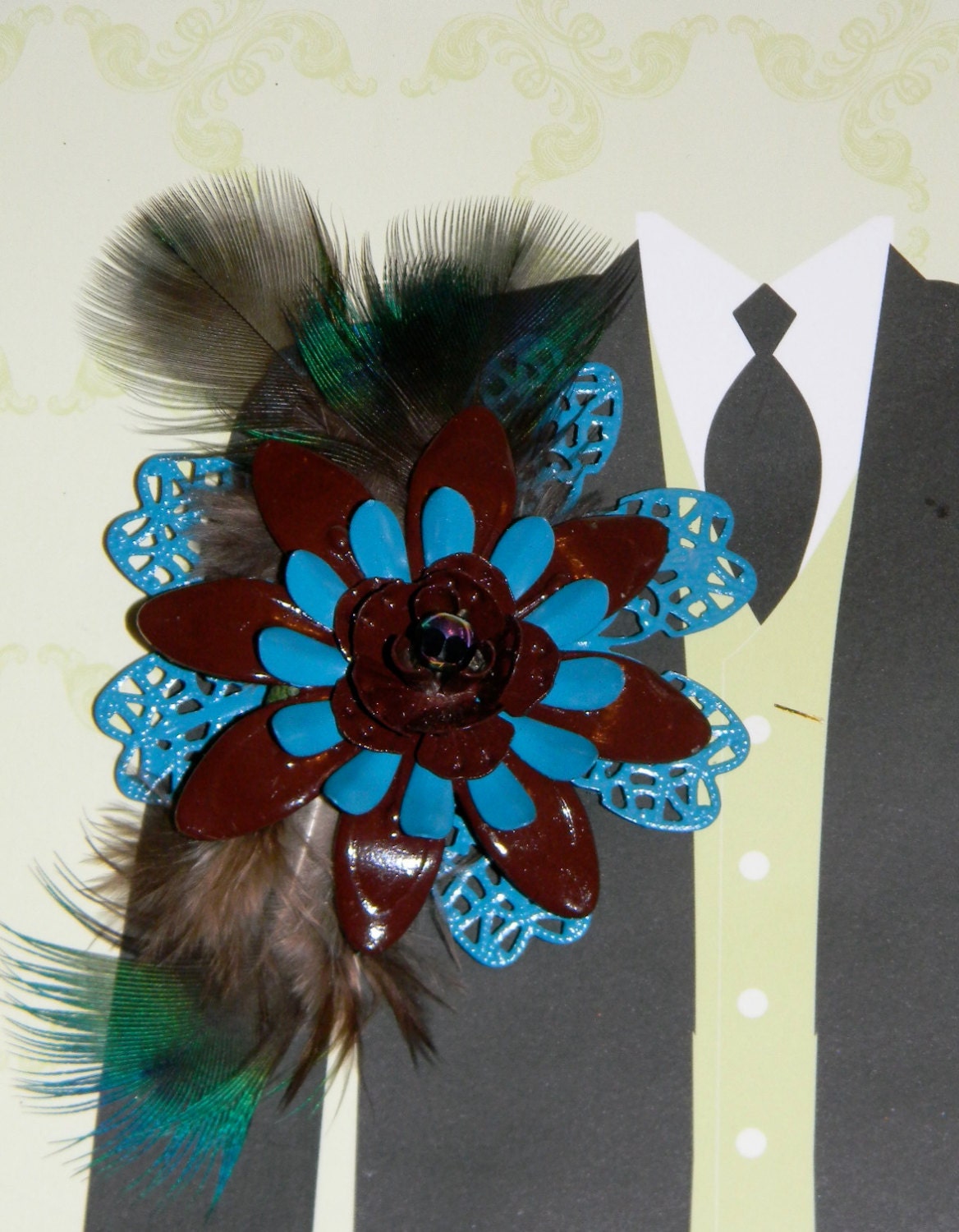 Metal Flower Boutonnieres Brooches Corsages Brown Turquoise Feathers Baleen Plumes