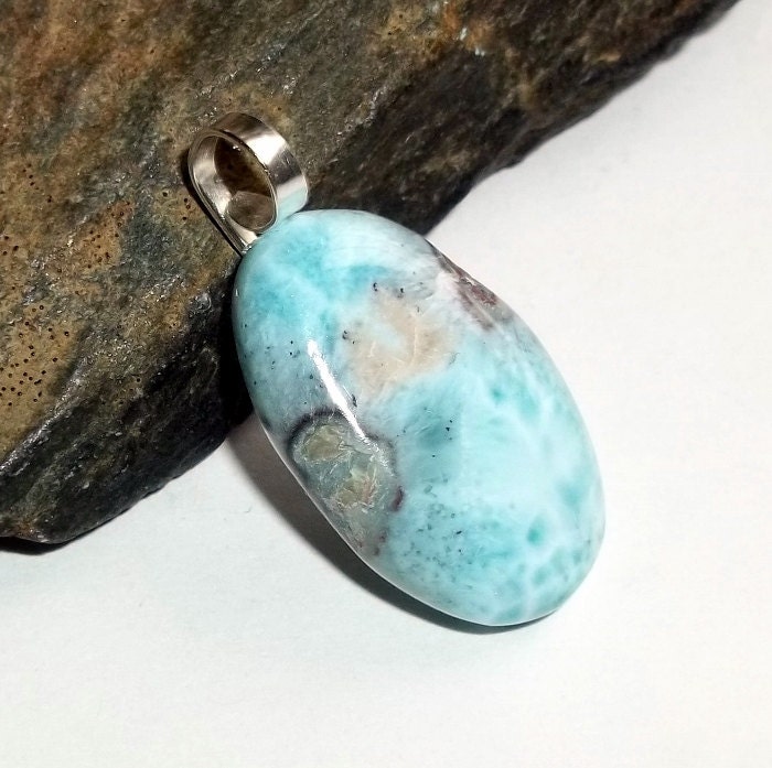 Blue Larimar Gemstone Pendant  Silver Energy earthegy Large
