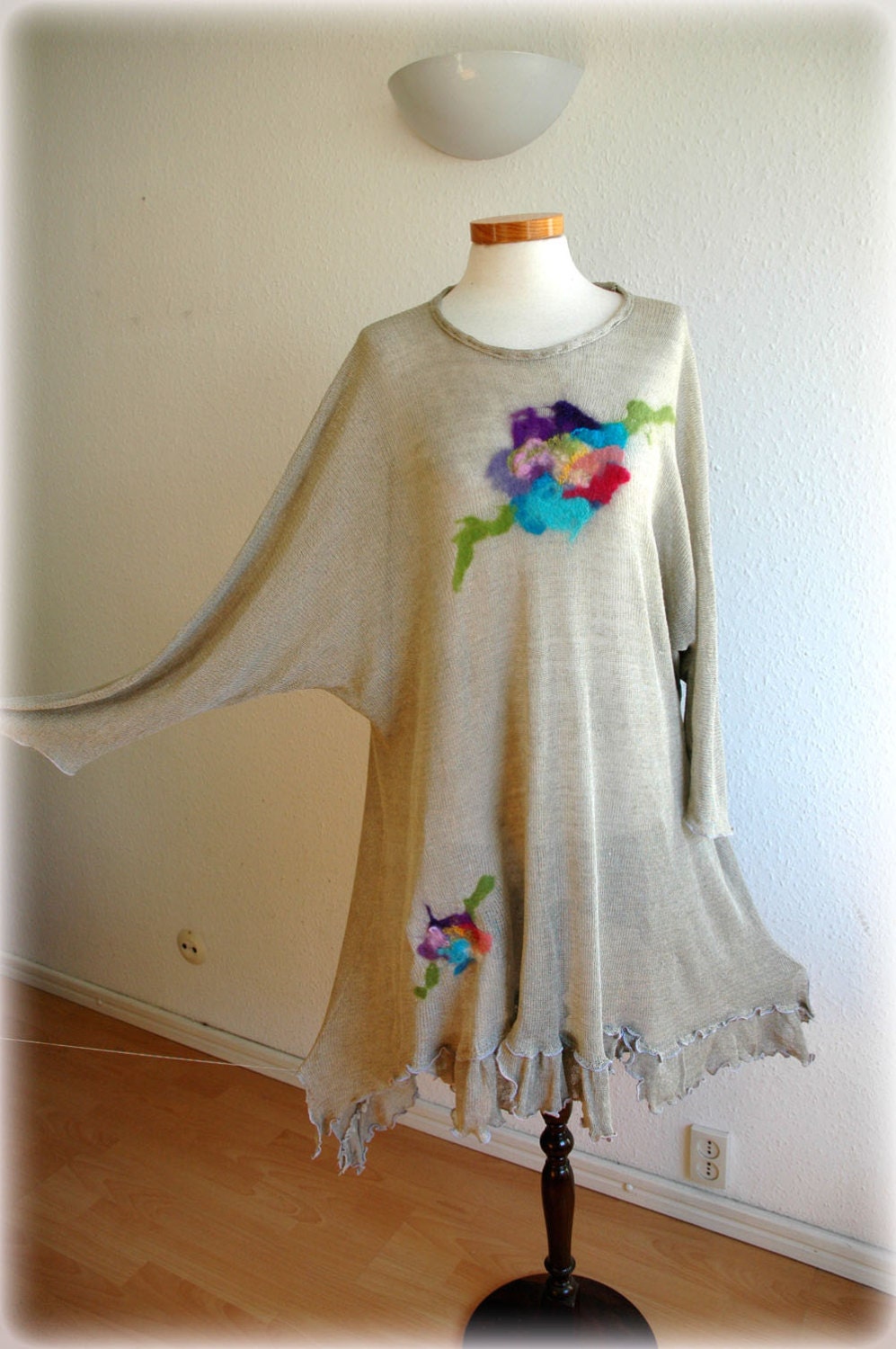 Linen Knitted Tunic Dress Light as a Feather With Unique Felt Art Fiber Eco Friendly Clothing Natural Large, Extra Large L XL Plus Size