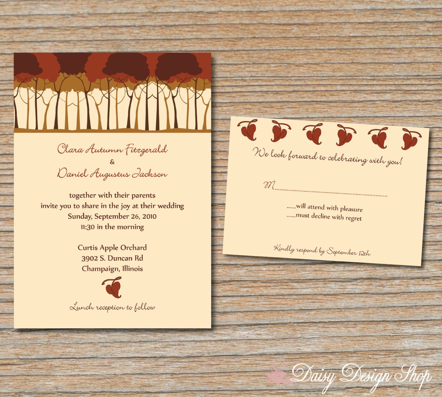 Wedding Invitation - Autumn Trees and Leaves in Orange and Brown - Invitation and RSVP Card with Envelopes
