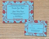 Wedding Invitation - Flowers in Aqua and Red - Elegant and Trendy - Invitation and RSVP Card with Envelopes