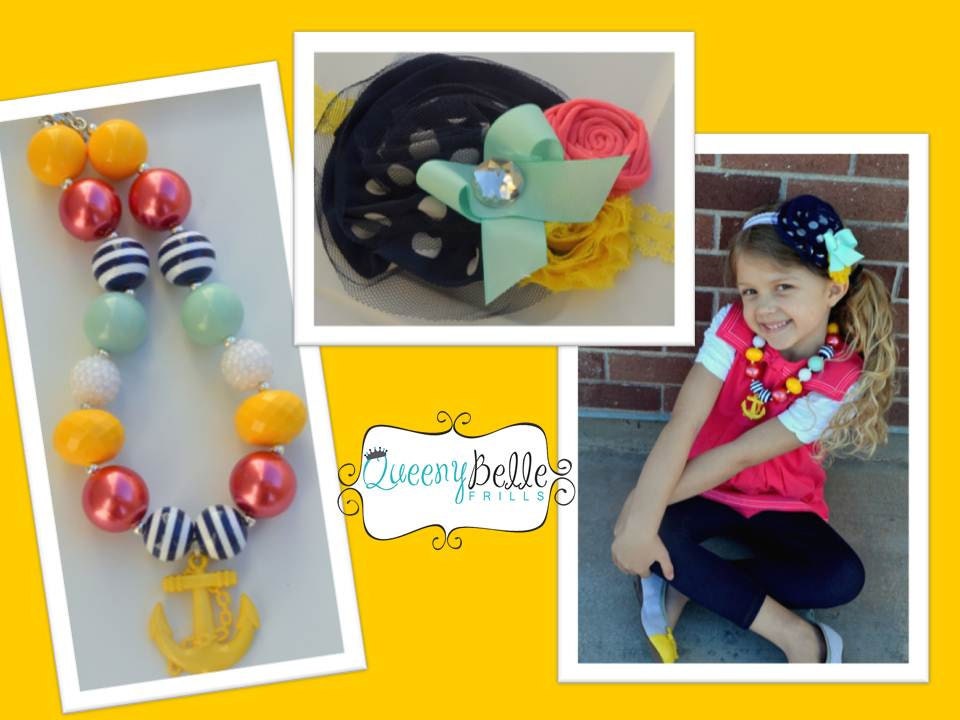 GIrls Chunky Necklace/Headband SET "ANCHOR SHORES" Yellow Navy Aqua/MInt Coral