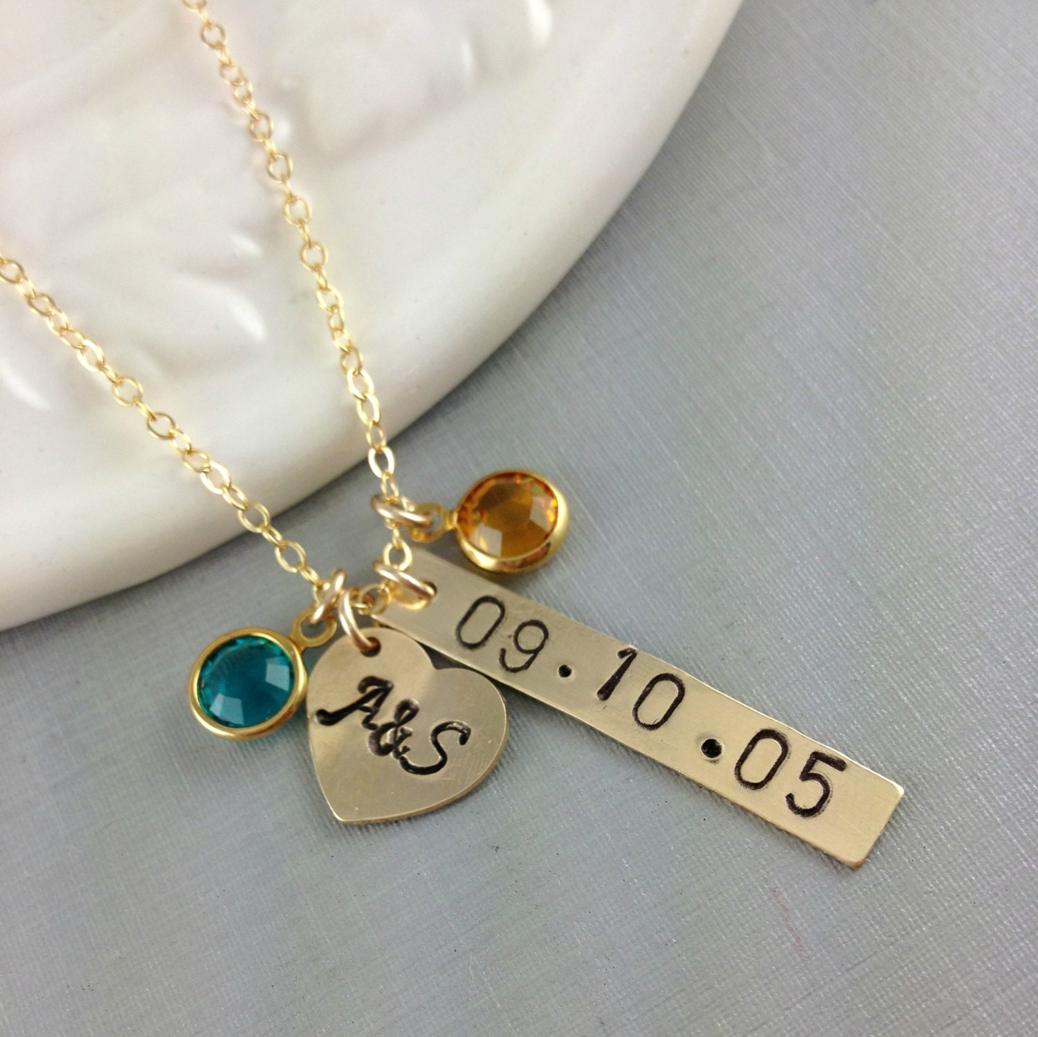 Anniversary Gift, Wedding Date Necklace, Couple Necklace, gift For Wife, Mothers Day Gift, Keepsake, Two Initial Necklace, Birthstone