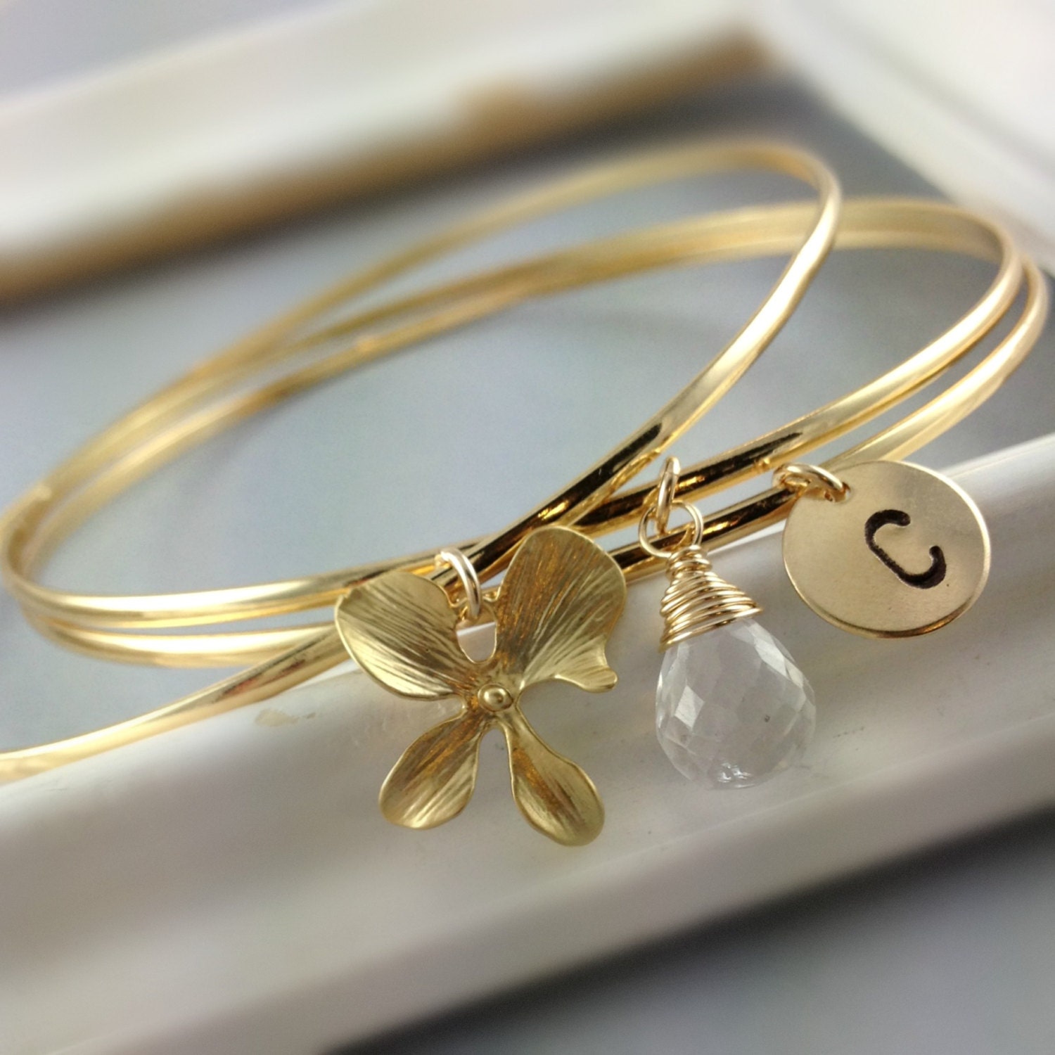 April Birthstone Crystal Quartz Set Of 3 Bangle Monogram Bracelet, Handstamped Initial, Orchid Flower Charm, Personalized Gift, Bridesmaids