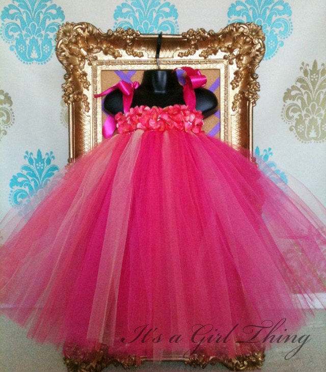 Coral Fuschia and Yellow Tutu Dress with Hydrangea Flower Front - Up to 4T