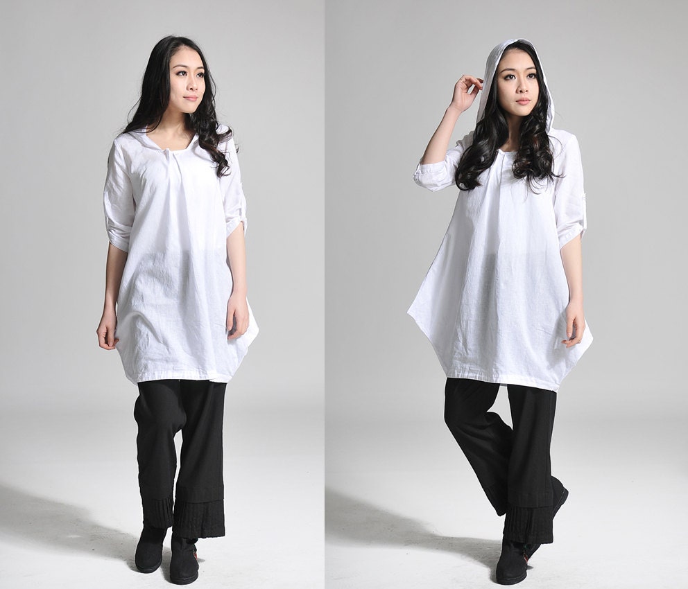 Free Style Hoodie/ Linen Women Long Blouse/ Any Size/ 26 Colors