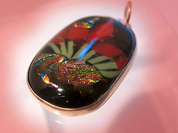 Dichroic Fused Glass and Copper Pendant - Red Flowers