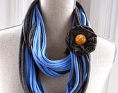 SPRING CLEARANCE Bright Coneflower Blue & Charcoal Grey Multistrand Cotton Jersey Infinity Scarf with Floral Brooch