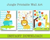 Nursery Wall art, Jungle Safari, Kids room Baby Alphabet Boy Elephant Lion Giraffe Alligator Bird, Printable INSTANT DOWNLOAD